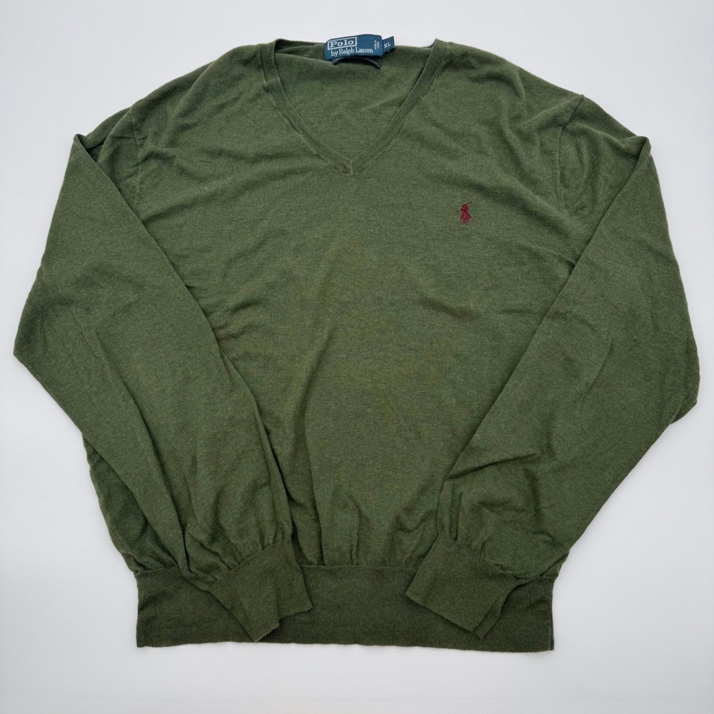 Polo Ralph Lauren Mens XL Olive Green Pima Cotton V-Neck Sweater Red Pony